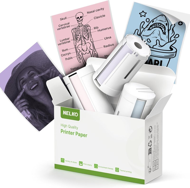 Nelko Genuine Self-Adhesive Thermal Printer Stickers, Compatible with PM230 Mini Sticker Printer, Black on White, 54mmx3.5m Mini Sticker Printer Paper, 3 Rolls, Blue/Pink/Purple - Image 1